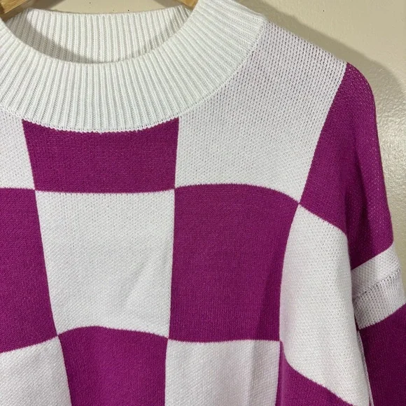 Zesica Bishop Sleeve Checkered Pink and White Women's Sweater Size XL - Picture 2 of 5